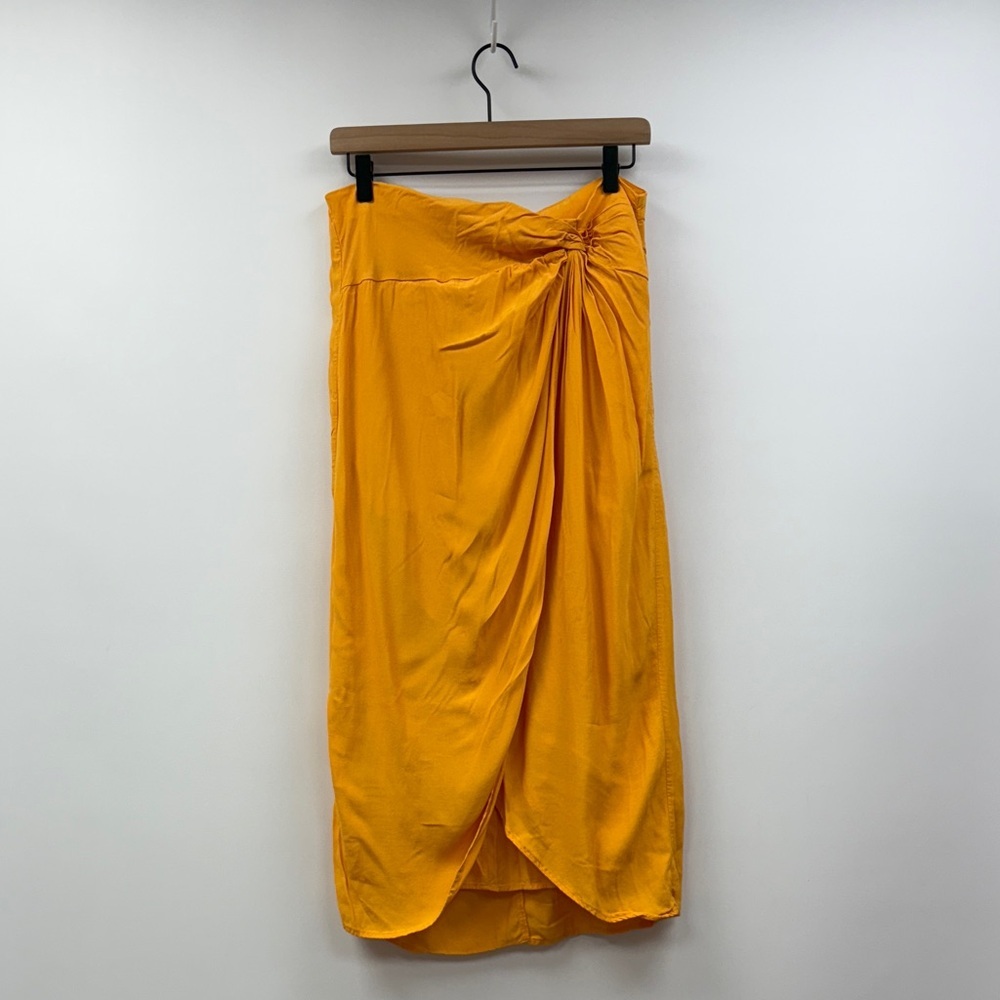 Ann Taylor LOFT Woven Twist Front Slit Midi Skirt Boho Golden Yellow 12 - Picture 2 of 8